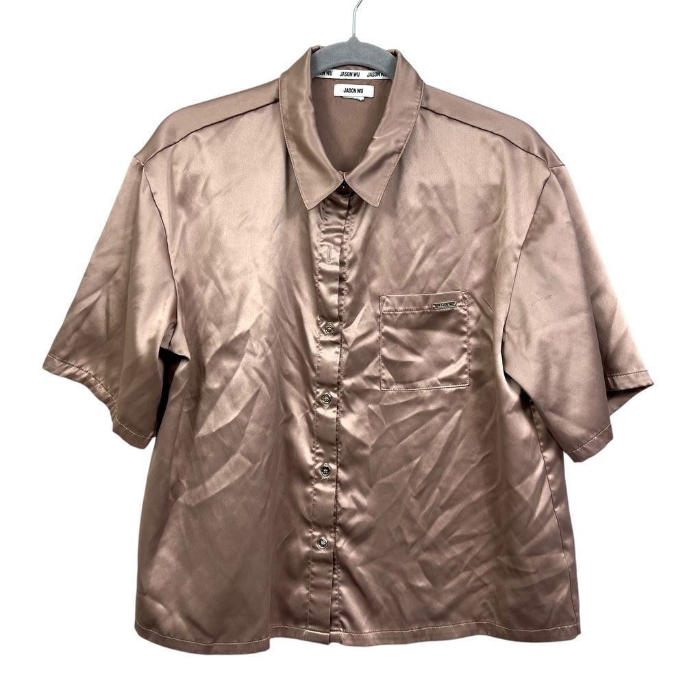 Jason Wu Womens Satin Blouse Top Short Sleeve Button Luxe Pocket Brown Size M*